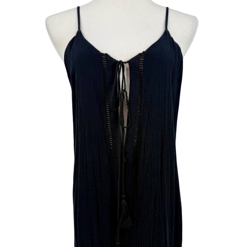 Tobi Black Lace Crochet Trim Gauzy Plunging Strappy Back Casual Boho Maxi Dress - Picture 6 of 16